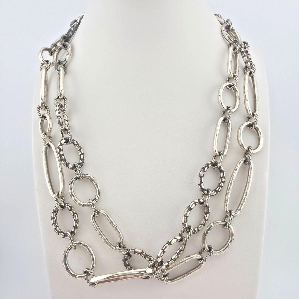 BRIGHTON 'Pebble' Long / Layer Necklace Hammered Oversized Link Silver Plate 38" - Picture 1 of 10